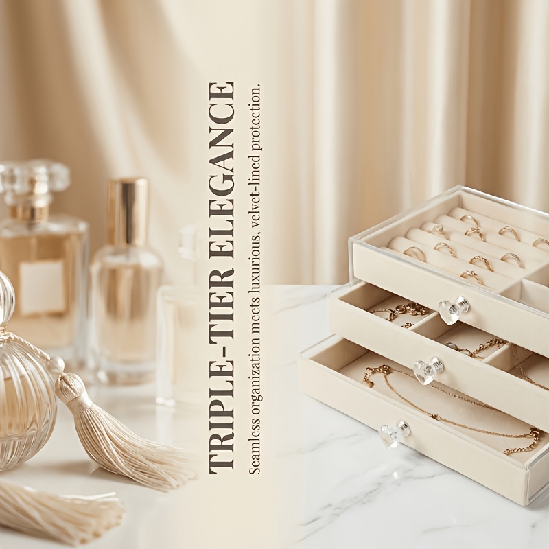 JPEK 3-Layer Velvet Jewelry Storage Box for Rings and Necklaces